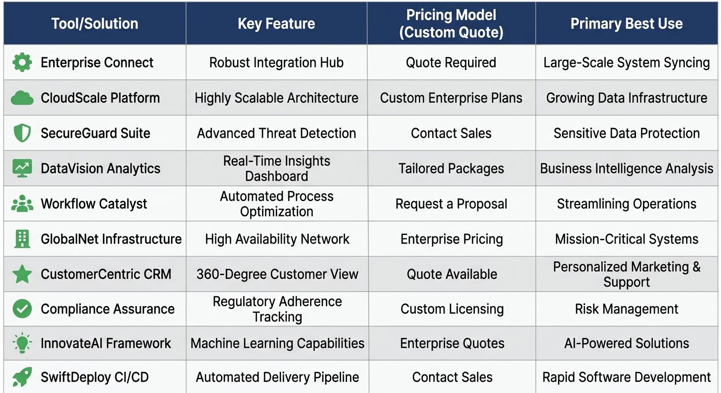Comparison table of 10 basement perimeter drain solutions with four columns: Tool/Solution, Key Feature, Pricing Model (Custom Quote), and Primary Best Use. Navy blue header, alternating white and gray rows, green icons.