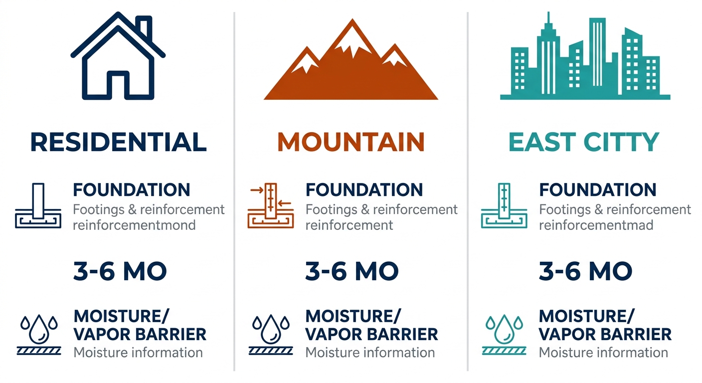 Visualización de comparación de tres ciudades: Littleton, Denver y Centennial para conversión de ADU en sótano. Factores de zonificación, cimentación, cronograma y barrera de vapor en columnas paralelas con tonos azul y gris.