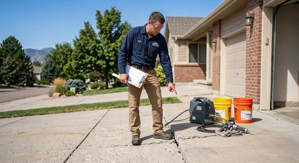 A concrete leveling technician in a branded uniform inspects a sunken driveway with a clipboard, while polyurethane injection equipment sits nearby in a sunny suburban neighborhood.
