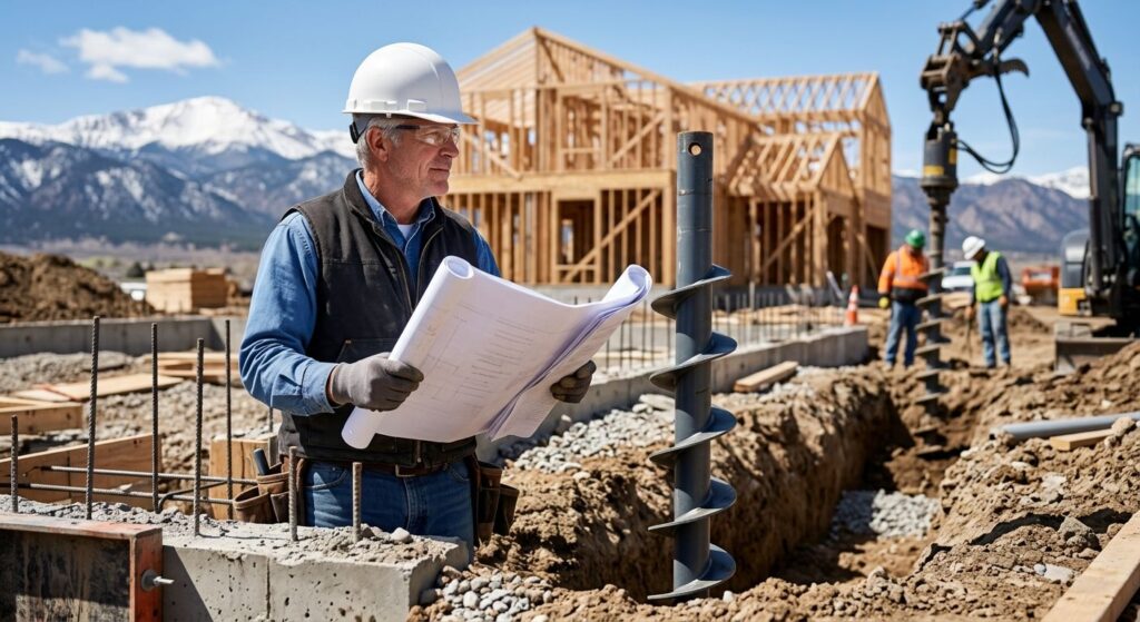 Builder in a hard hat reviewing blueprints beside a newly installed helical pier foundation under bright Colorado sunlight, with a framed home rising behind.