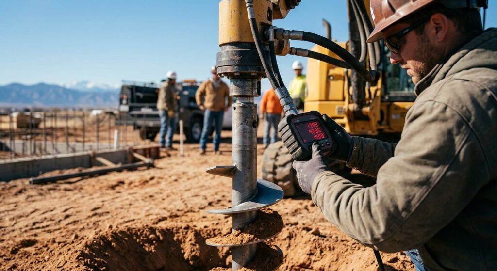 Professional photograph of helical pile installation with digital torque gauge and Rocky Mountain backdrop