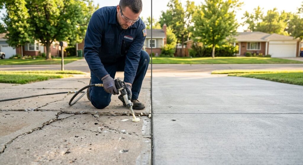 Technician injecting polyurethane foam to lift and level a cracked concrete driveway at a Denver home