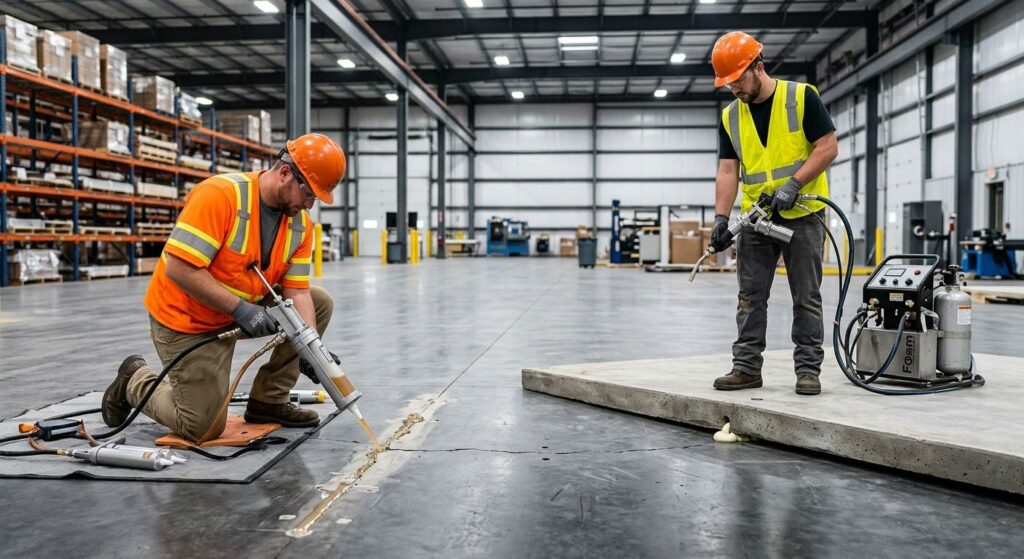 Two professional technicians performing concrete crack injection and polyurethane foam slab lifting in a clean warehouse