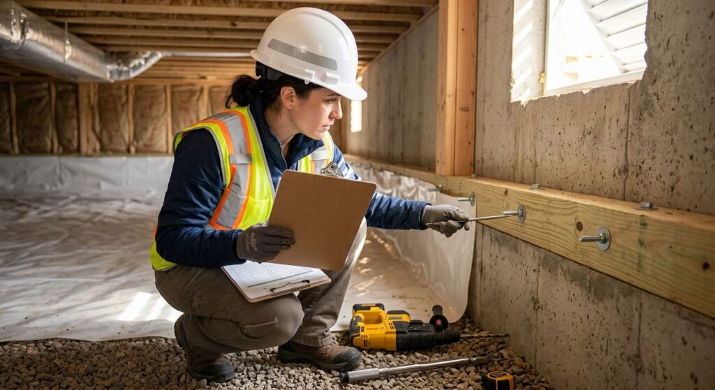 Professional photograph of a structural engineer inspecting a concrete foundation for seismic retrofit bolting in a Colorado home.