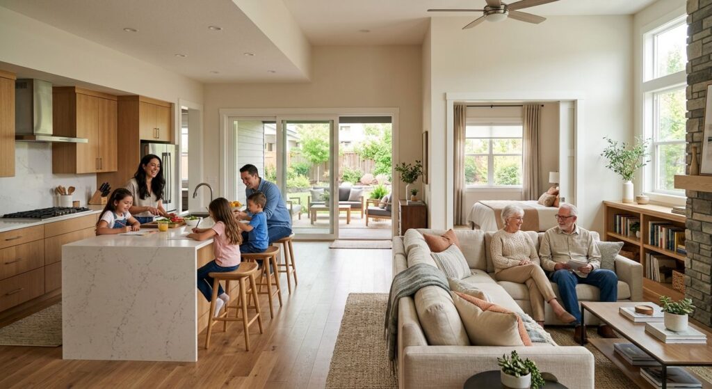 Spacious open-concept living area with elderly couple on sofa, younger family at kitchen island, sliding glass doors, and accessible design features in a modern suburban home.