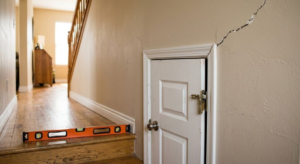 A Colorado home interior showing a sticking door and diagonal drywall cracks, with a level indicating floor sloping