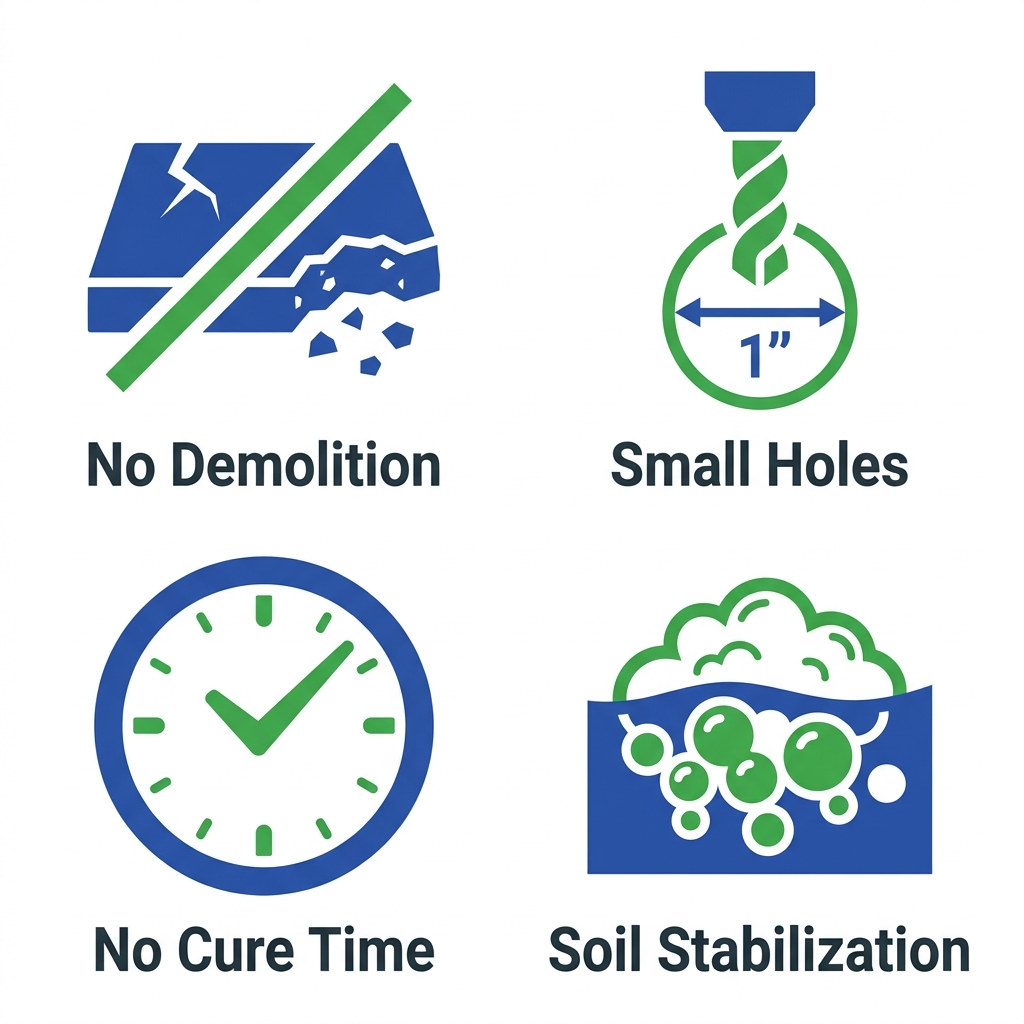 Four flat icons in blue and green on white: a slashed concrete slab, a drill bit over a one-inch circle, a clock with a check mark, and foam bubbles under soil, each labeled with clean sans-serif text.