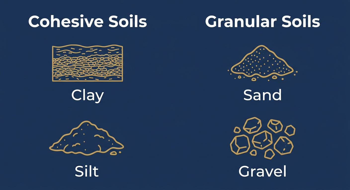 Infographic comparing cohesive soils (clay, silt) and granular soils (sand, gravel) with icon labels.