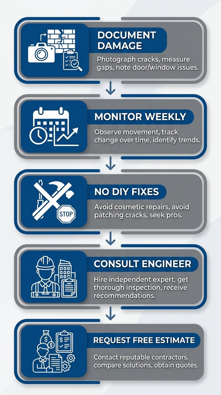 Vertical process flow with 5 steps for foundation settlement response: document, monitor, avoid DIY, consult engineer, request free estimate.