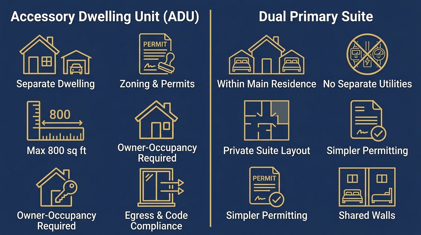 Comparison infographic of Accessory Dwelling Units vs Dual Primary Suites in Colorado