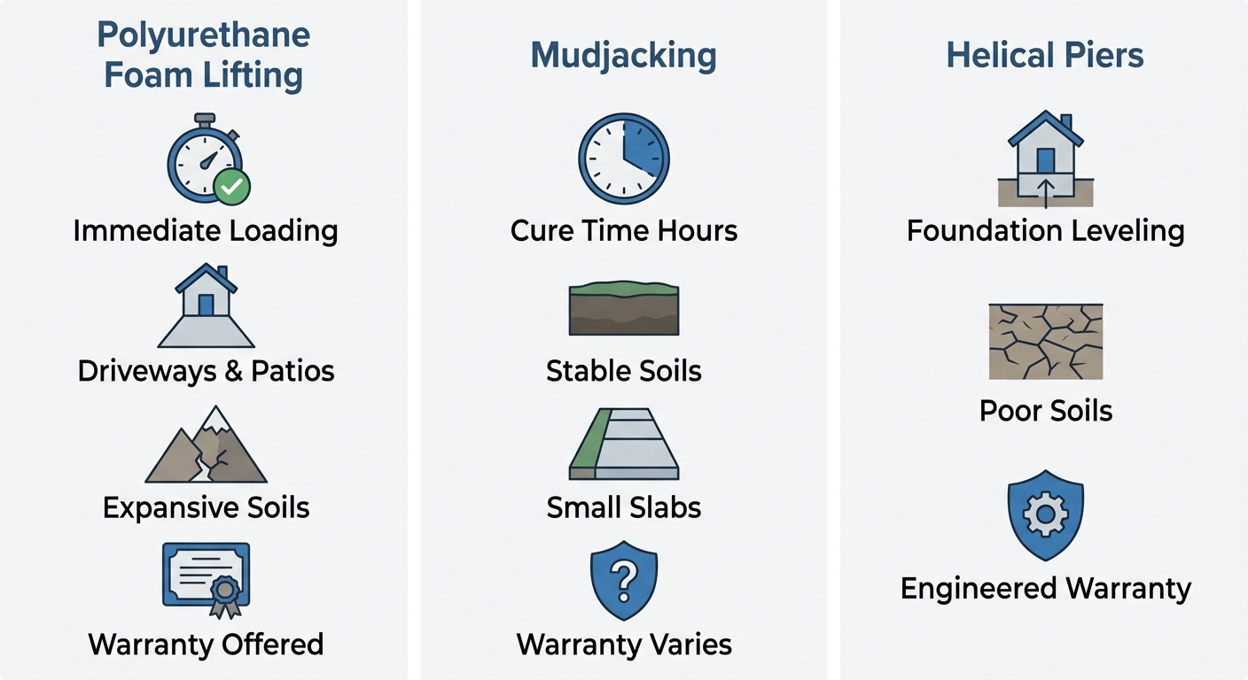 Infographic comparing polyurethane foam lifting, mudjacking, and helical piers for concrete leveling in Denver.