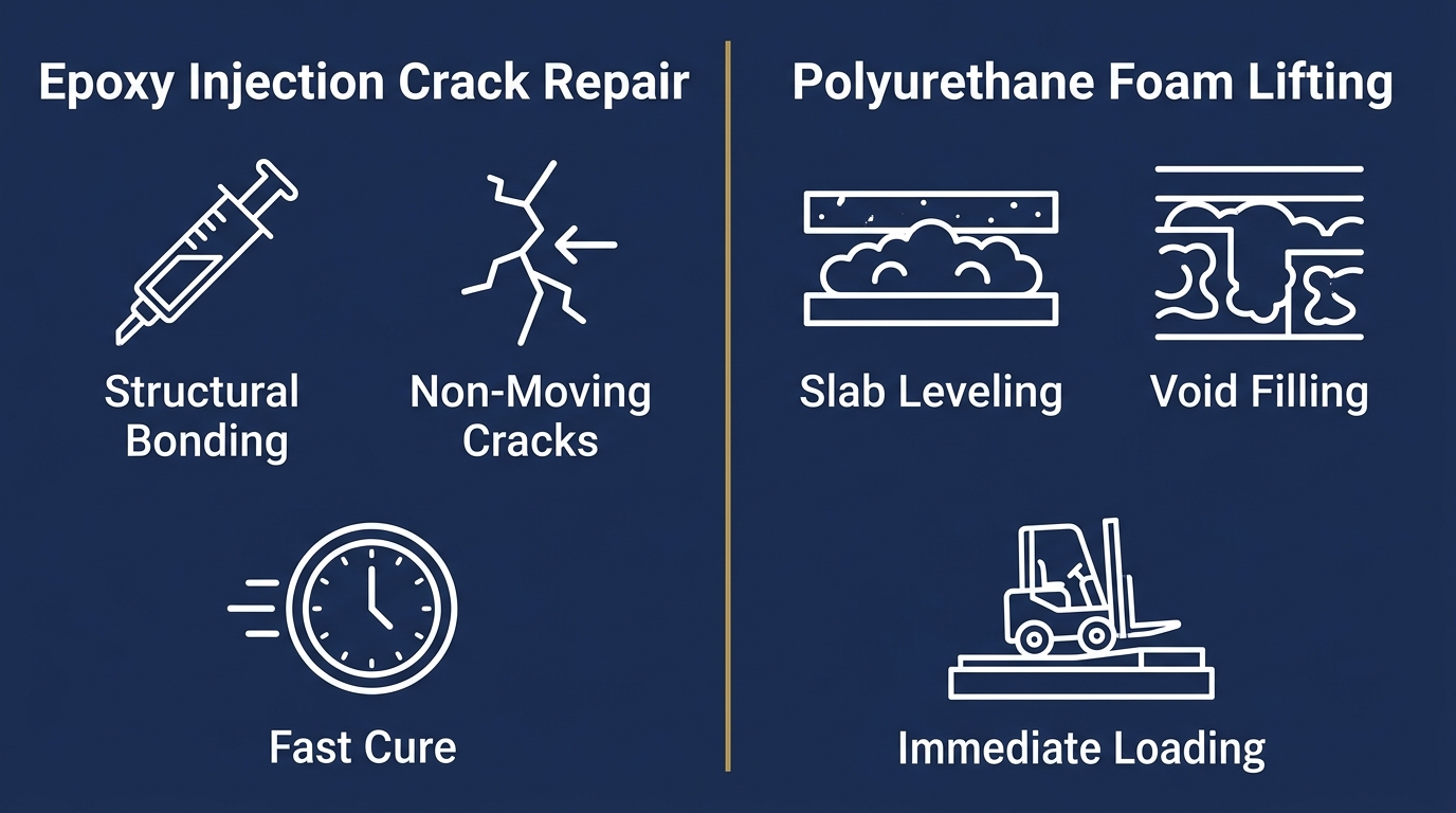 Infographic comparing epoxy injection crack repair and polyurethane foam lifting techniques for commercial concrete repair.