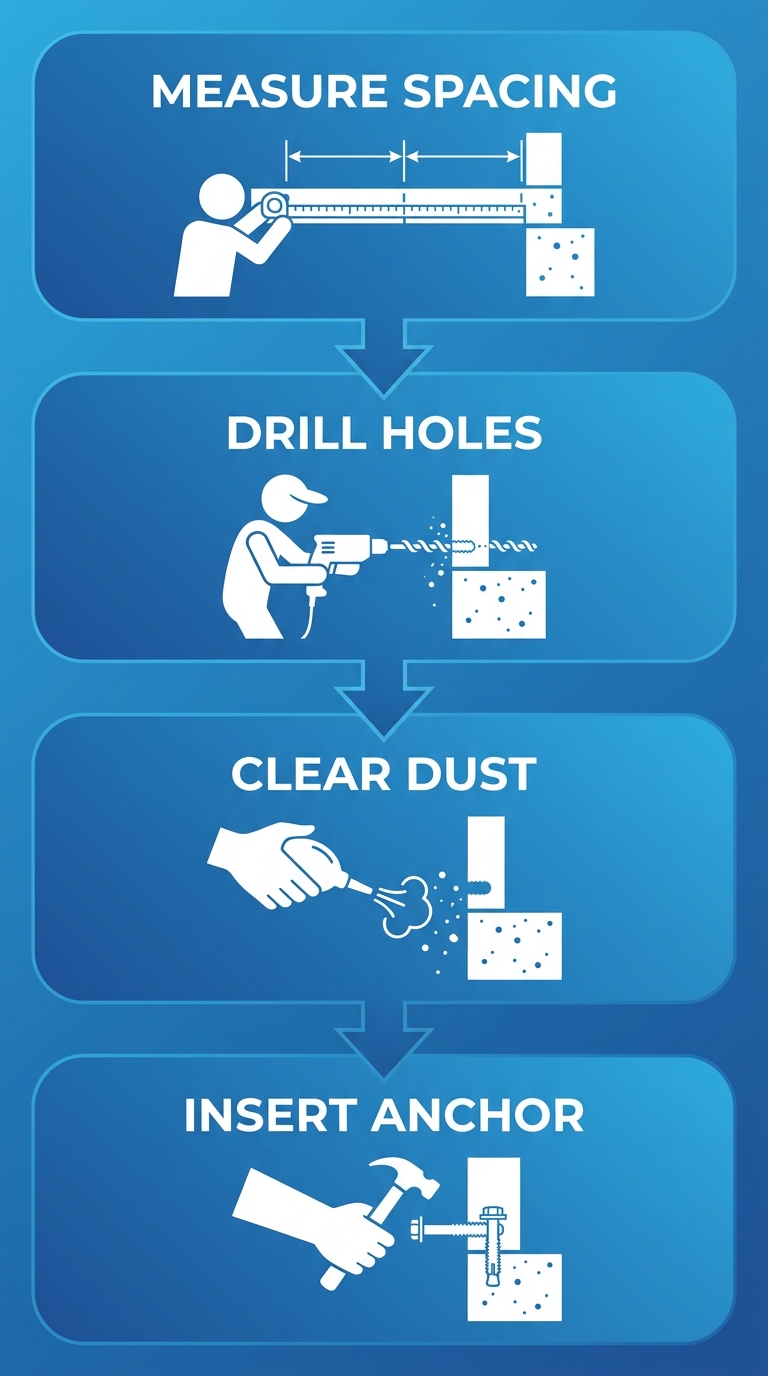 Vertical process flow diagram for mudsill bolt installation showing four steps: measure spacing, drill holes, clear dust, insert anchor.