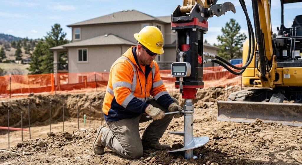 Helical pile installer in safety gear attaching a helical pier to a steel shaft at a residential foundation site near Denver with a digital torque gauge visible.