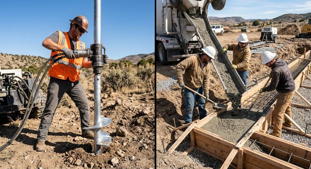 Split-scene photograph compares helical pier installation with concrete foundation pouring at a construction site in Colorado.