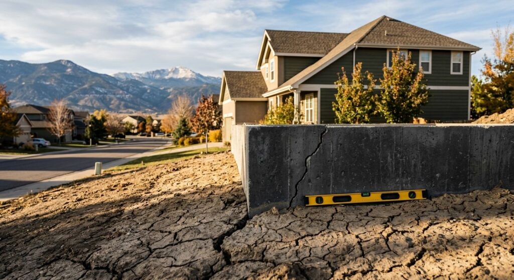 A Colorado home with a visible crack along its foundation wall, beside drying bentonite clay soil with a contractor's level, Rocky Mountain foothills in background under partly cloudy sky
