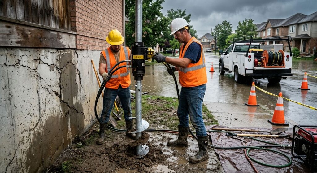 Two foundation repair technicians in high-visibility vests and hard hats install a steel helical pier next to a cracked residential foundation in a flooded neighborhood after a storm. A service truck is parked nearby, and safety cones mark the organized worksite.