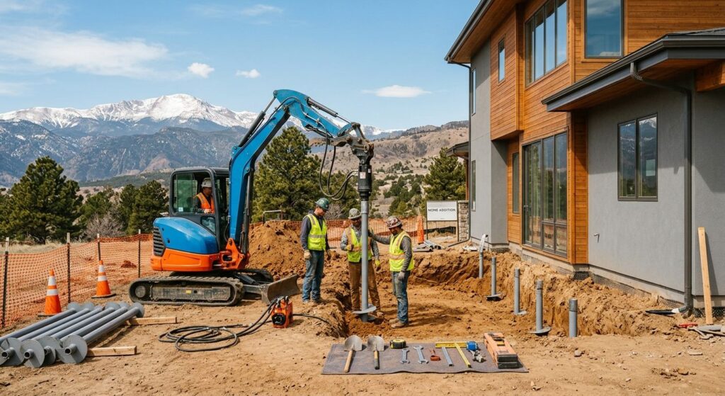 Construction crew installing steel helical piers for a home addition in Denver, with exposed foundation excavation, modern house, and snow-capped Rocky Mountains in the background under bright sunlight.