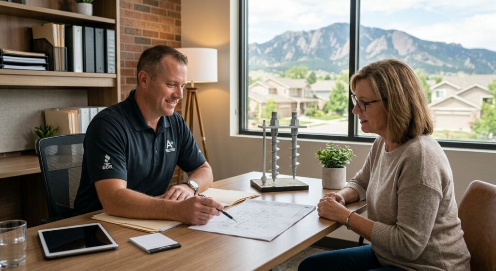 Foundation repair consultant discussing financing plan with homeowner in office