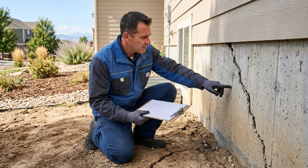 A foundation repair specialist inspects a concrete wall crack at a Denver home with clipboard and uniform.