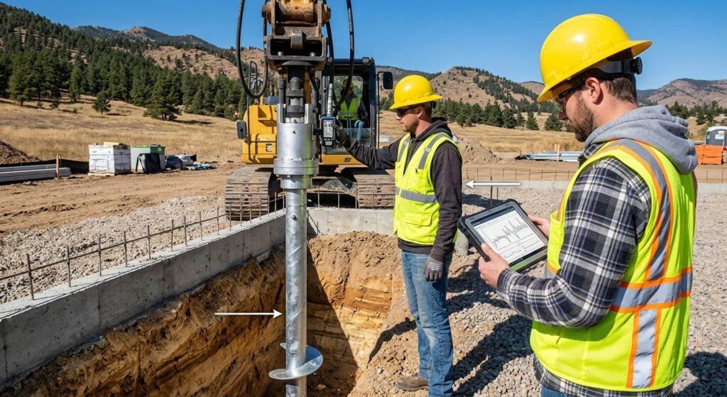 Helical pile installation in Colorado with certified installer monitoring torque while structural engineer reviews load-deflection data on a tablet at the construction site