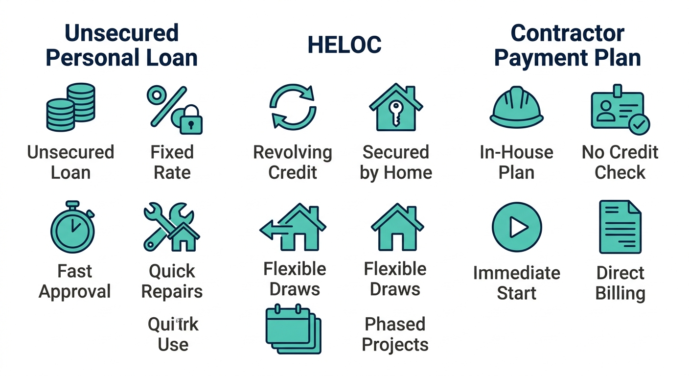Infographic comparing three foundation repair financing options: Unsecured Personal Loan, HELOC, and Contractor Payment Plan