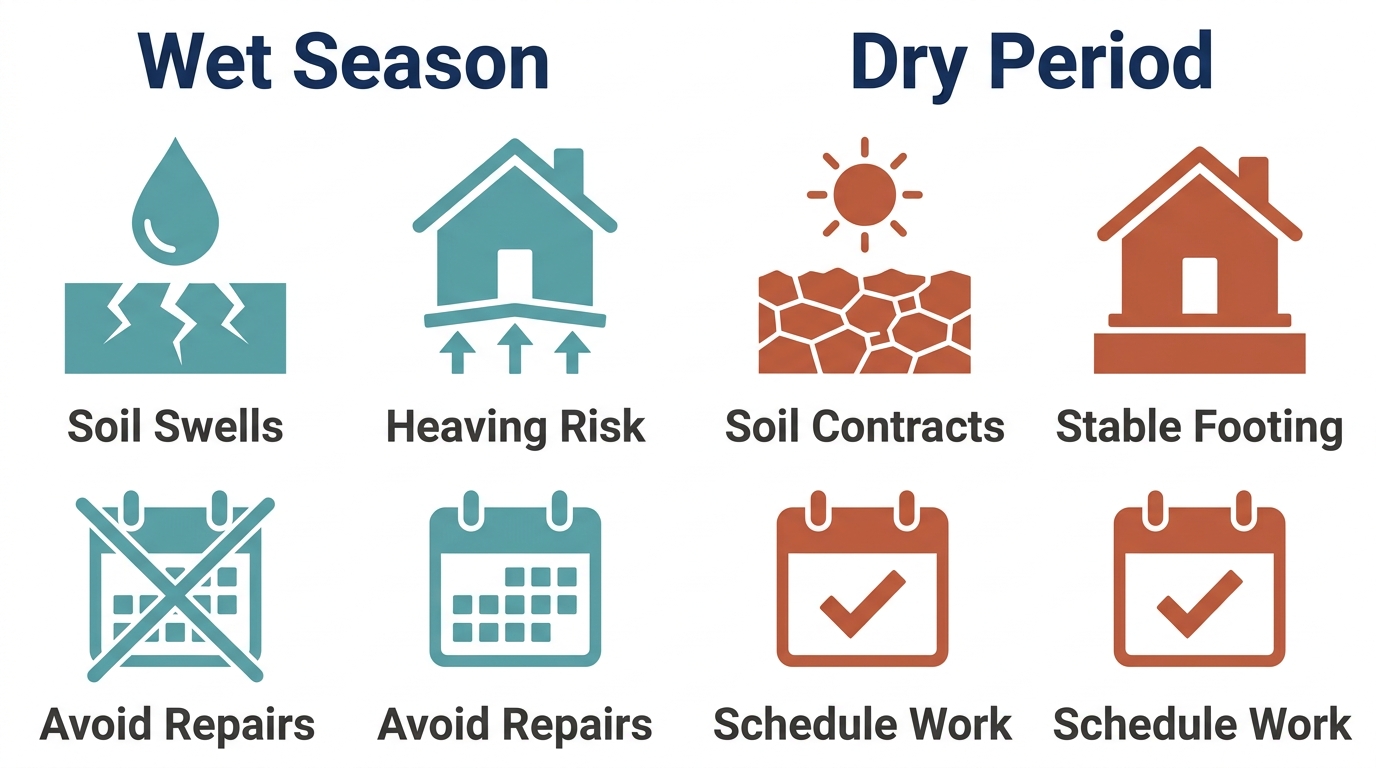 Infographic comparing wet season and dry period for foundation repair planning with icons for soil swells, heaving risk, avoid repairs, soil contracts, stable footing, schedule work.
