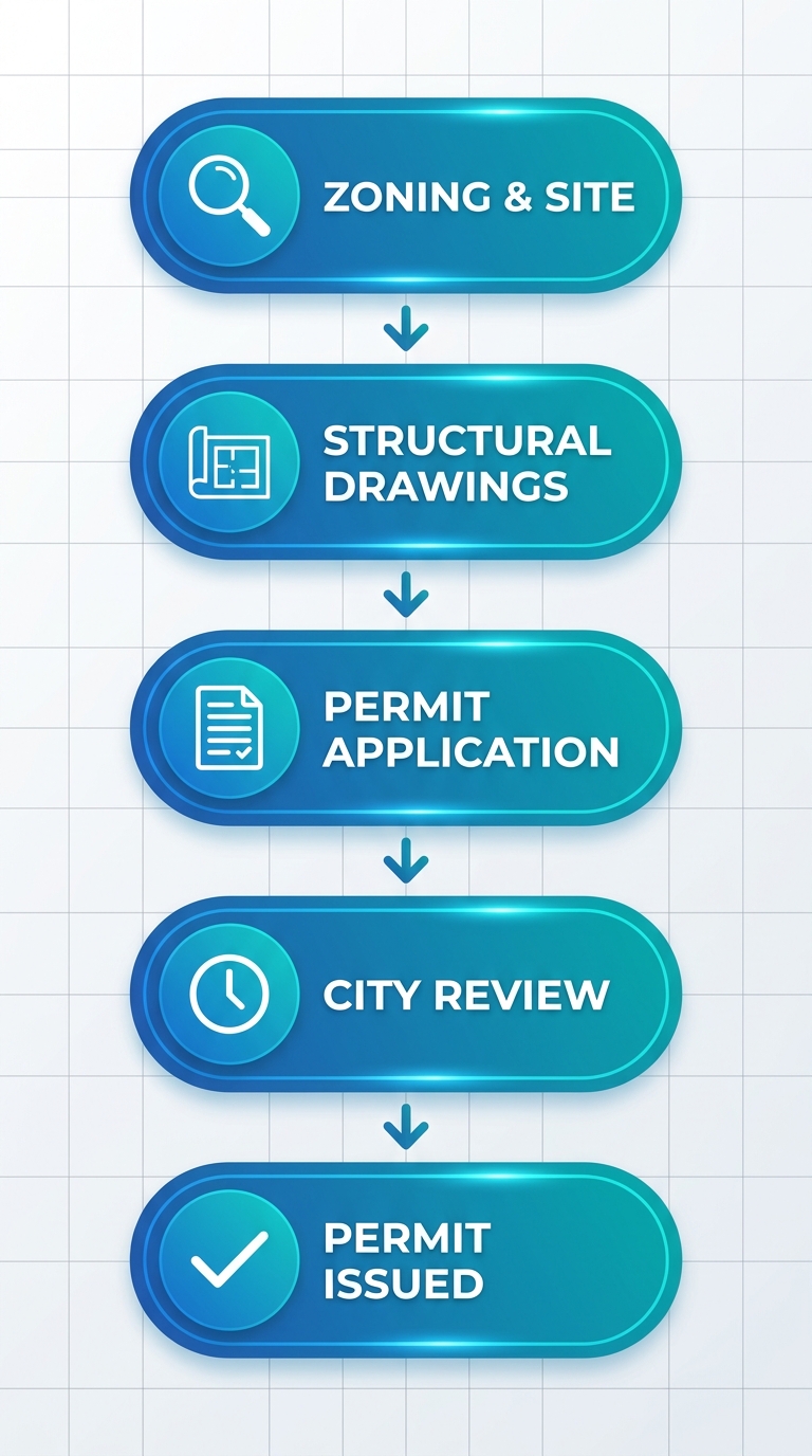 Vertical process flow diagram of five permit steps for Denver home additions: zoning, structural drawings, structural drawings, permit application, city review, permit issuance.