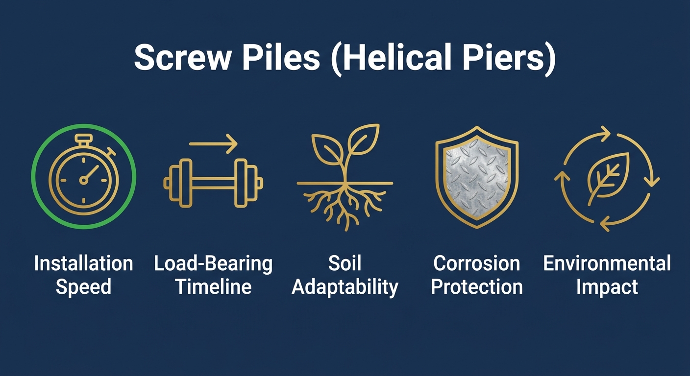 Infographic comparing screw pile features: installation speed, load-bearing timeline, soil adaptability, corrosion protection, and environmental impact.