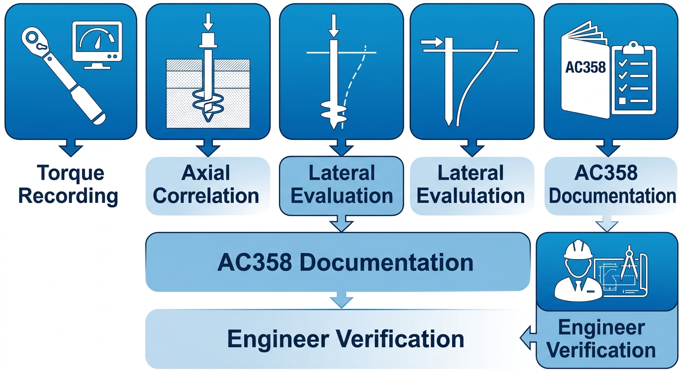 Vertical five-step process flow showing helical pile installation torque recording, axial capacity correlation, lateral resistance evaluation, AC358 documentation, and engineer verification stages with downward arrows.
