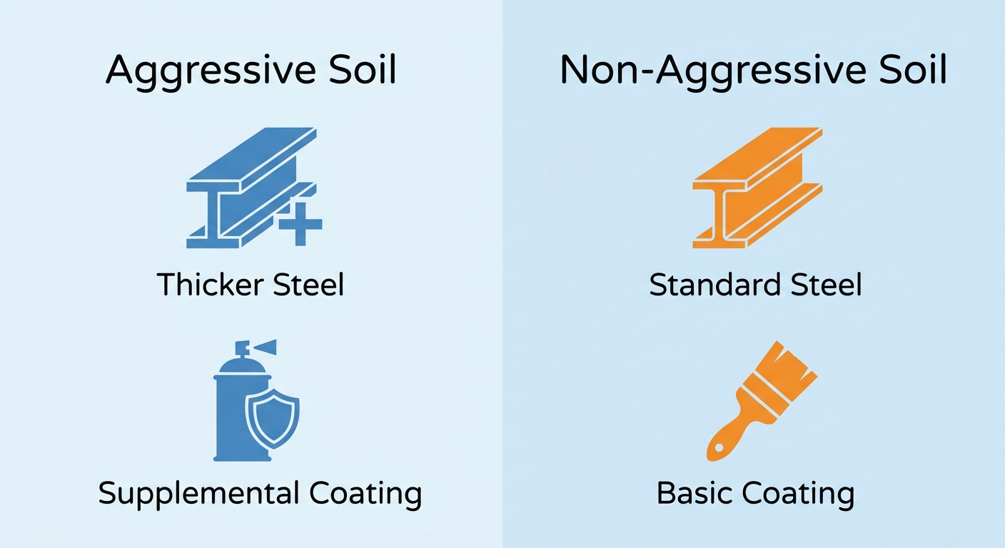 Infographic comparing corrosion protection measures for helical piers in aggressive versus non-aggressive soil conditions using flat icons with blue and orange accents on a soft blue background.