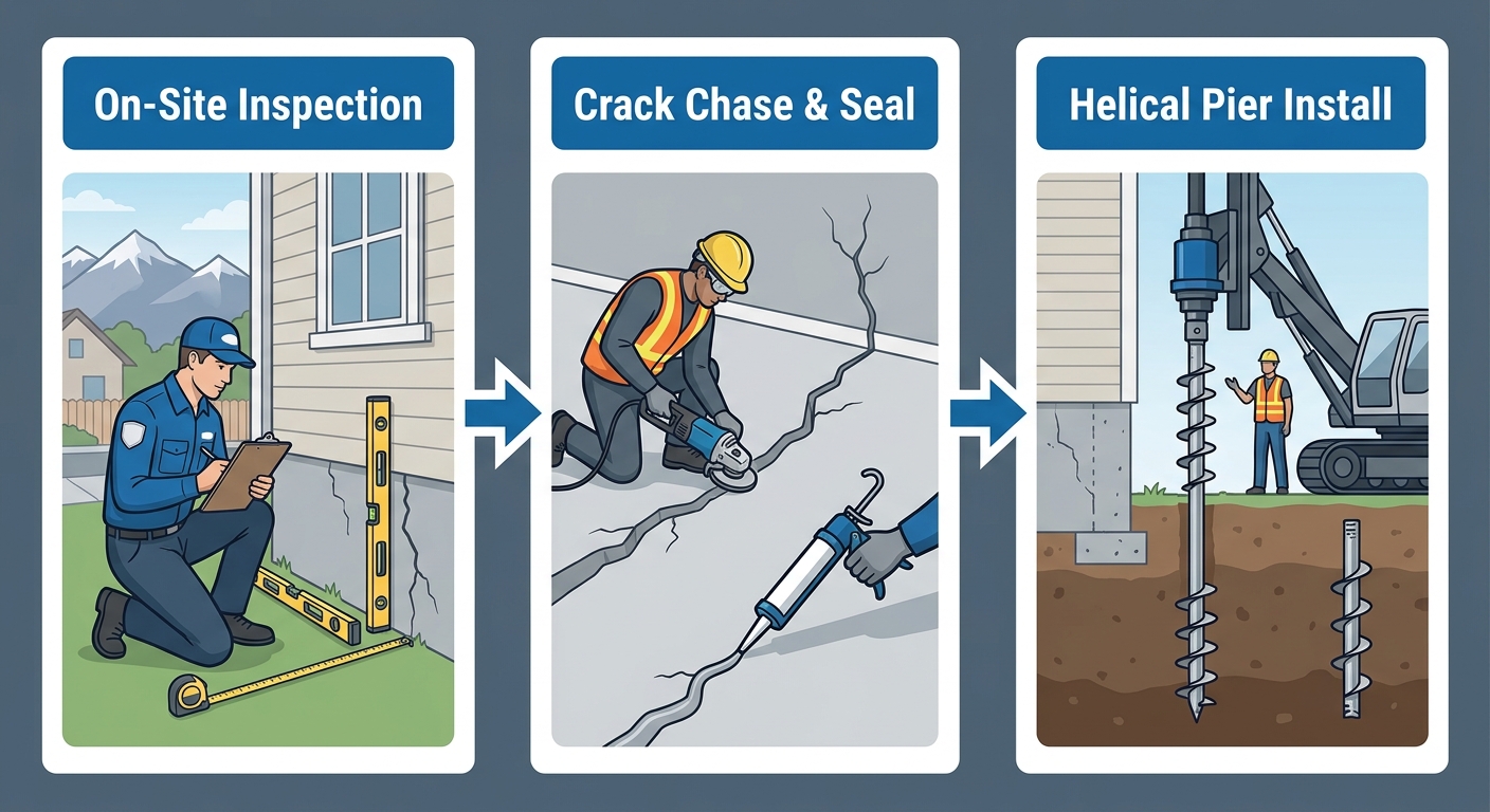 Horizontal process flow diagram showing three stages of foundation crack repair: On-Site Inspection, Crack Chase & Seal, and Helical Pier Install, with arrows connecting stages in a blue and gray color scheme.
