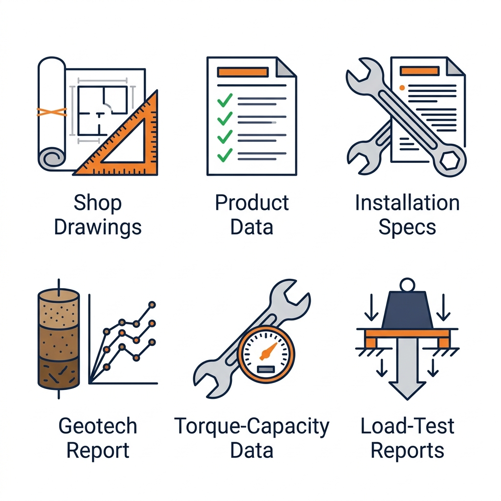 Flat icon set of six required submittal documents for 2026 helical pile projects: shop drawings, product data, installation specs, geotech report, torque-capacity data, and load-test reports